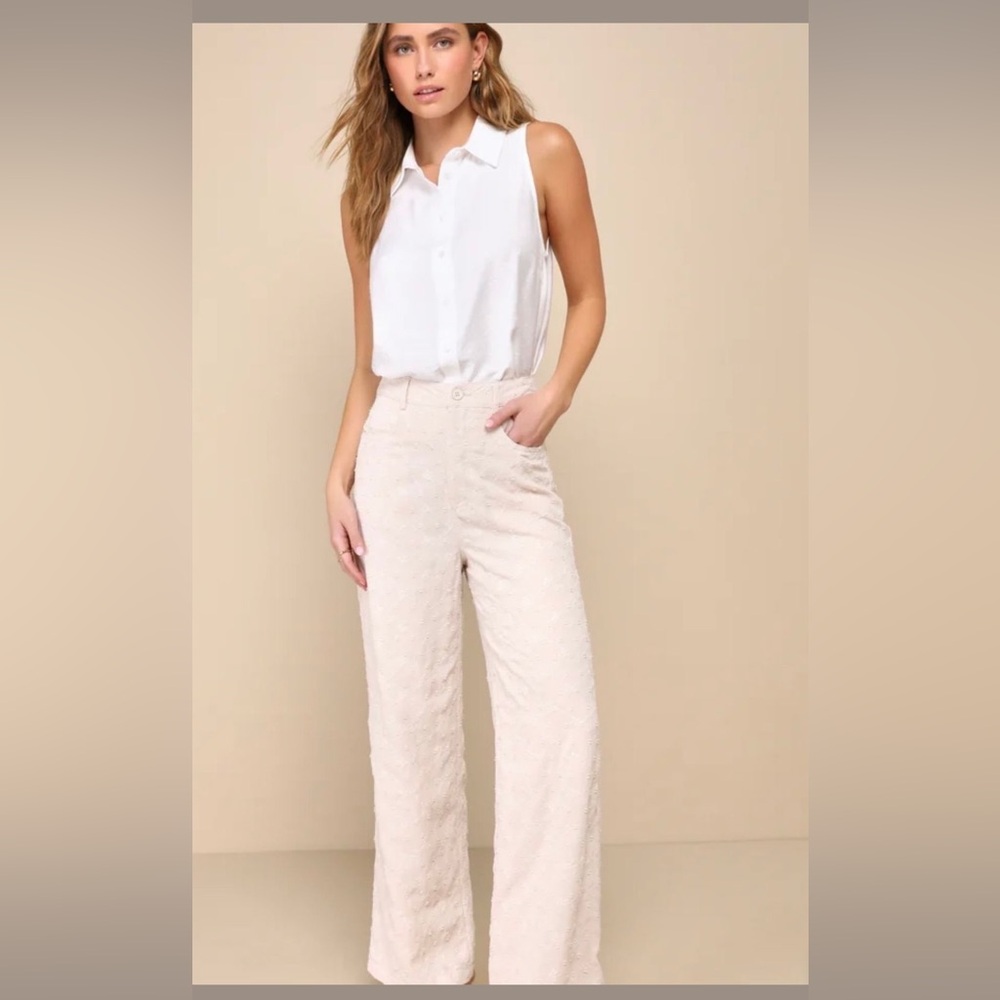 Lulus Cream Embroidered Wide-Leg Pants Size L